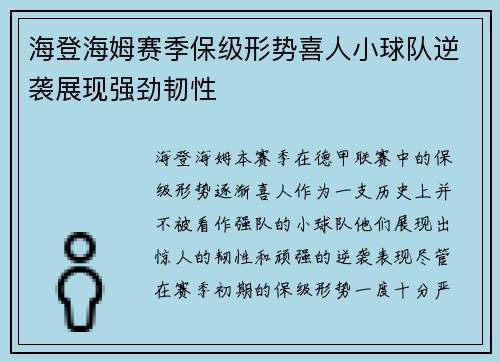海登海姆赛季保级形势喜人小球队逆袭展现强劲韧性
