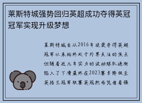 莱斯特城强势回归英超成功夺得英冠冠军实现升级梦想